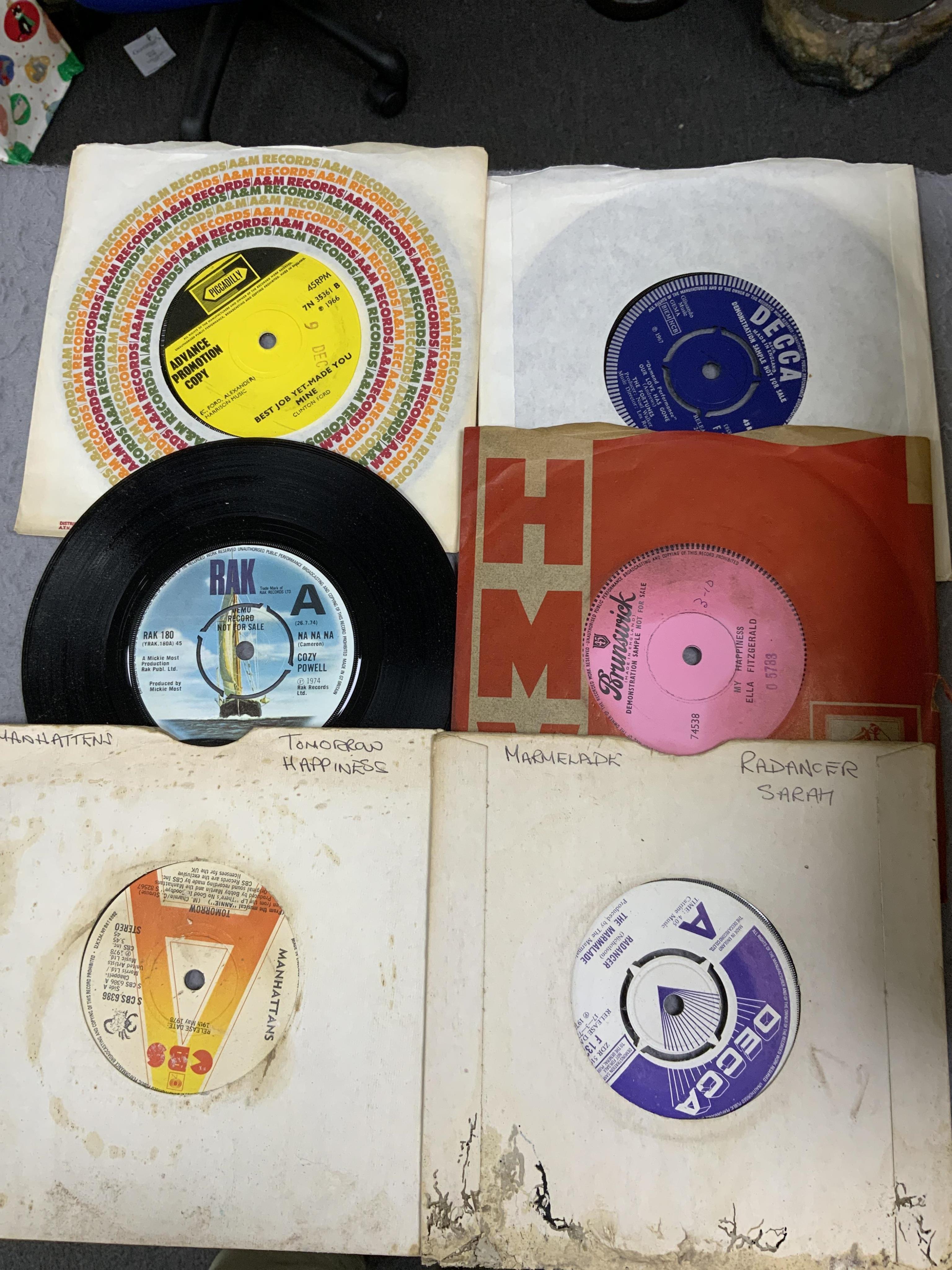 Eighty 7” singles, all with printed demo labels (some also with printed release date), record labels include; United Artists, CBS, Columbia, Parlophone, Pye, Atlantic, RCA, Decca, MGM, EMI, etc. Artists include; Mike Cli